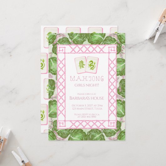 Mahjong Party Invitation, Cabbage and Pink Kaart (Voorkant / Achterkant in situ)