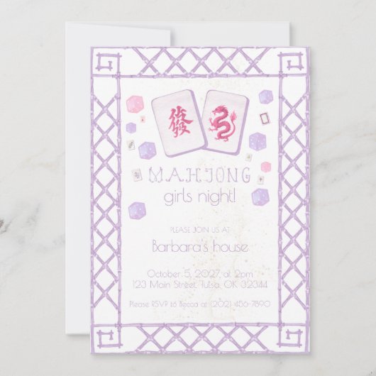 Mahjong Party Invitation, Paarse Roze Draak Tegels Kaart (Voorkant)