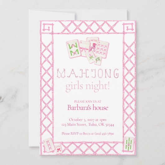 Mahjong Party Invites, Bamboo lettering, pink tile Kaart (Voorkant)