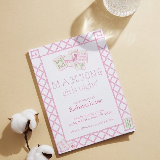 Mahjong Party Invites, Bamboo lettering, pink tile Kaart