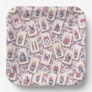 Mahjong Roze En Blauwe Tegels Papieren Bordje