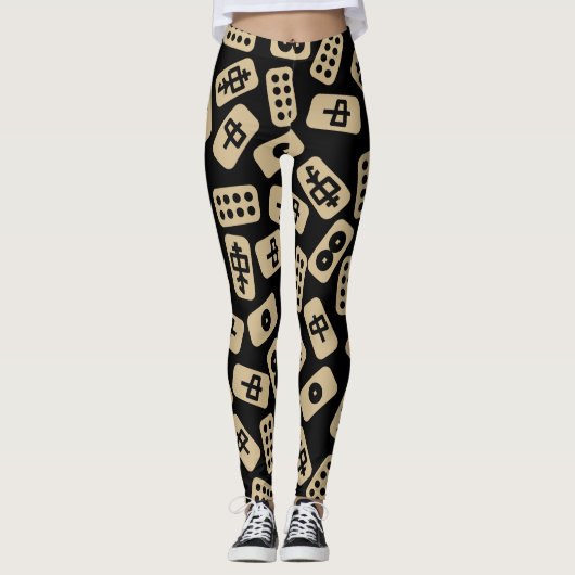 Mahjong Tegels Bruin op Zwart Leggings (Voorkant)