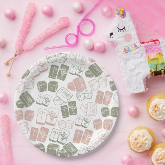 Mahjong tegels en dobbelstenen in roze en kaki papieren bordje (Feest)