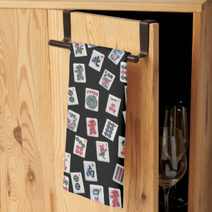 MahJong tegels (symbolen) op zwart Theedoek