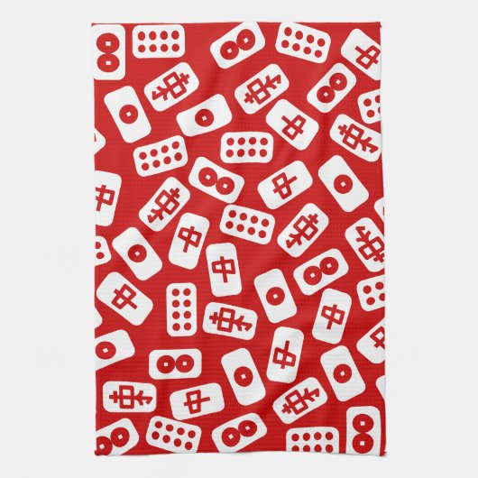 Mahjong tegels wit op rood theedoek (Verticaal)