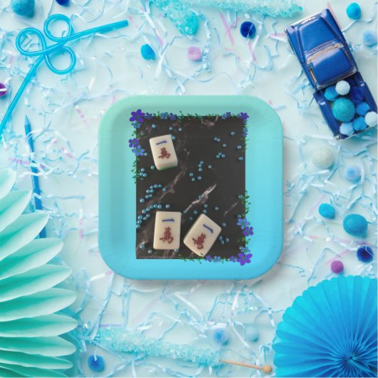 Mahjong themed papieren bord met blauw bloemontwer (Feest)