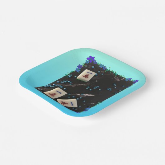 Mahjong themed papieren bord met blauw bloemontwer (Gebogen)