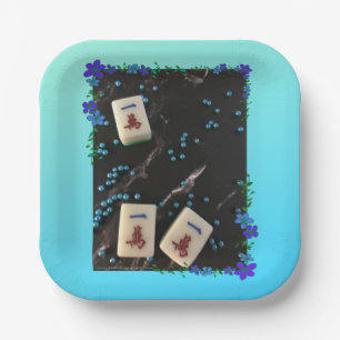 Mahjong themed papieren bord met blauw bloemontwer