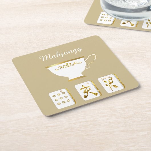 Mahjong Tiles and Teacup Paper Coaster Kartonnen Onderzetters (Schuin)