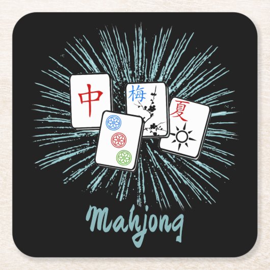 Mahjong Tiles Blue Starburst Custom Kartonnen Onderzetters (Voorkant)