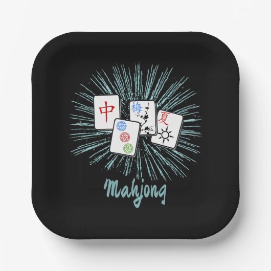 Mahjong Tiles Blue Starburst Custom Papieren Bordje (Voorkant)