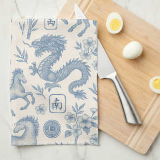 Mahjong Toile Kitchen Towel - Horses and Dragons Theedoek