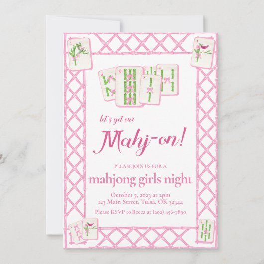 Mahjong Uitnodiging van het Feest, Roze Groene Coq (Voorkant)