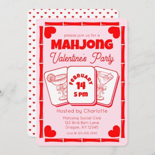 Mahjong Valentine's Pink Party Invitation Kaart (Voorkant / Achterkant)