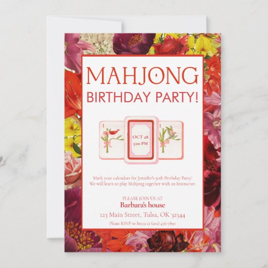 Mahjong Verjaardagsfeest Uitnodiging, Bloemen Kaart (Voorkant)