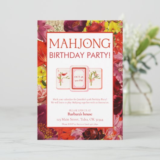 Mahjong Verjaardagsfeest Uitnodiging, Bloemen Kaart (Staand voorkant)