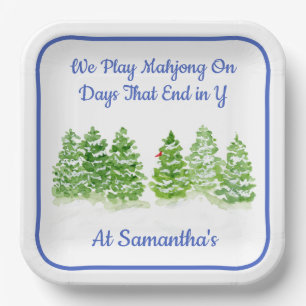 MAHJONG Waterverf Winterbomen Blauw PERSONALISEER  Papieren Bordje