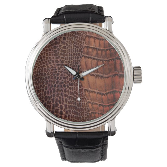Mahogany Alligator Klassiek Reptielenleer (Faux) Horloge (Voorkant)