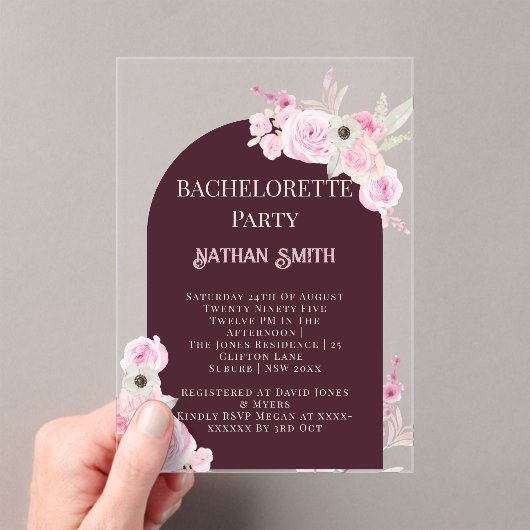 Mahogany Floral Arch Summer Bachelorette Party Acryl Uitnodigingen (Insitu (Draagbaar))