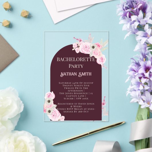 Mahogany Floral Arch Summer Bachelorette Party Acryl Uitnodigingen (Insitu (Huwelijk))