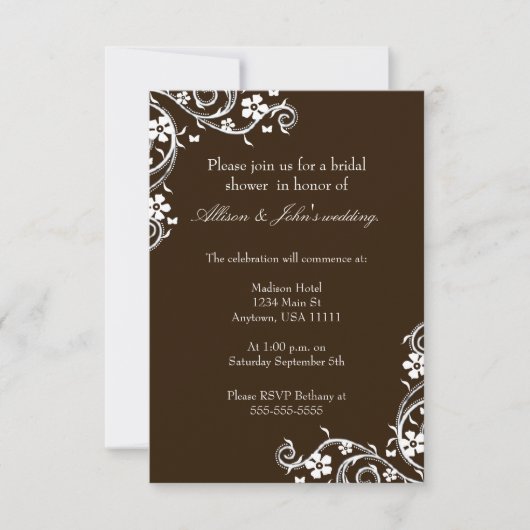 Mahogany Floral Swirls Bridal Shower Invitation Kaart (Voorkant)