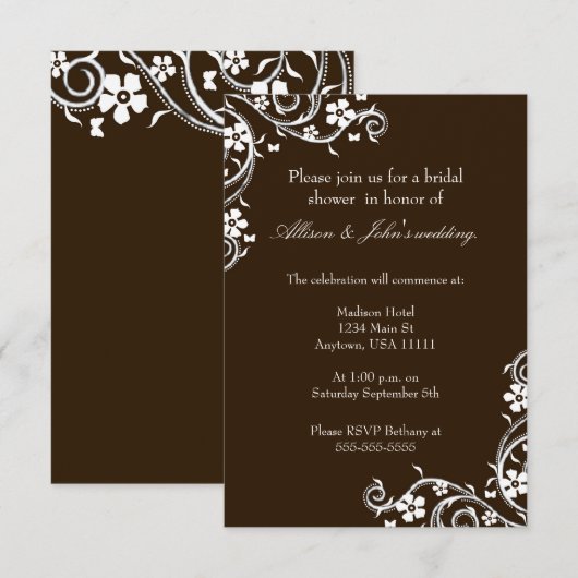 Mahogany Floral Swirls Bridal Shower Invitation Kaart (Voorkant / Achterkant)
