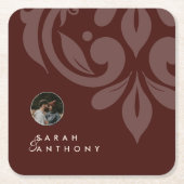 Mahogany Red Classic Minimal Damask Fotobruiloft Kartonnen Onderzetters (Voorkant)