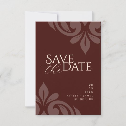 Mahogany Red Classic Script Damask Fotobruiloft Save The Date (Voorkant)