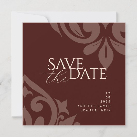 Mahogany Red Damask Elegant Classic Photo Wedding Save The Date (Voorkant)
