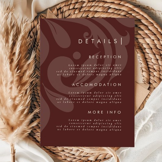 Mahogany Red Damask Stijlvolle bruiloft Details Informatiekaartje