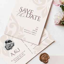 Mahogany Red Ivory Fotobruiloft Bewaar de datum An Aankondigingskaart