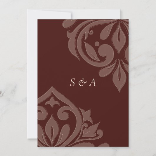 Mahogany Red Smaakvolle Elegante Damask Wedding Kaart (Achterkant)