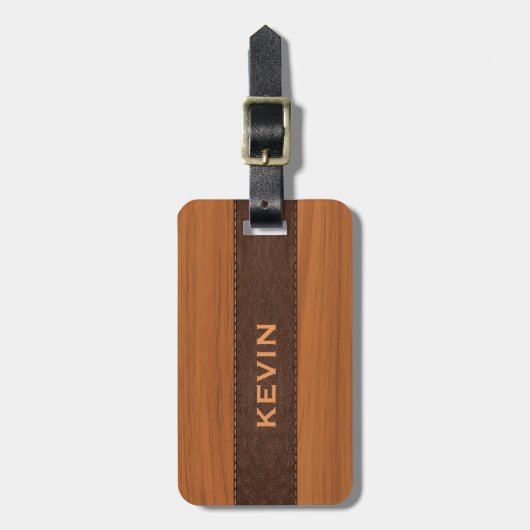Mahogany Wood And Brown Leather Texture Monogram  Bagagelabel (Voorkant verticaal)