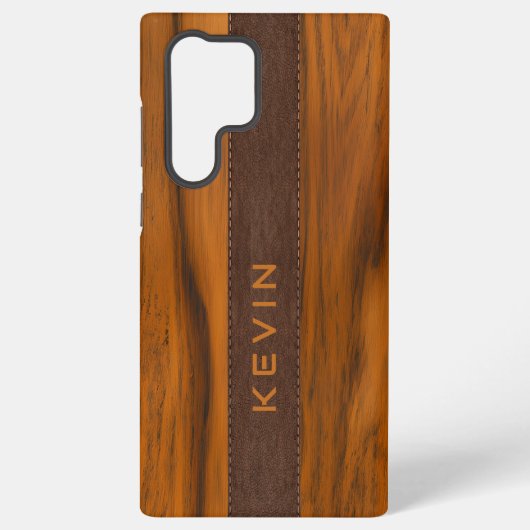 Mahonie hout en bruin teather textuur monogram samsung galaxy hoesje (Achterkant)