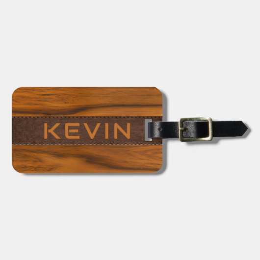 Mahoniehout en lederen textuur monogram bagagelabel (Voorkant horizontaal)