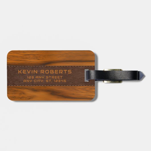 Mahoniehout en lederen textuur monogram bagagelabel (Achterkant horizontaal)