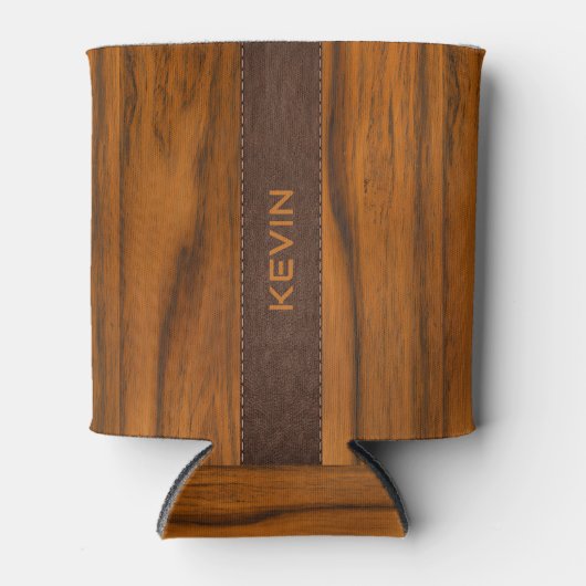 Mahoniehout en lederen textuur monogram blikjeskoeler (Voorkant)