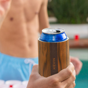 Mahoniehout en lederen textuur monogram blikjeskoeler