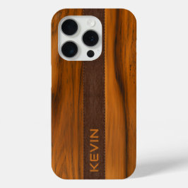 Mahoniehout en lederen textuur monogram iPhone 15 pro case