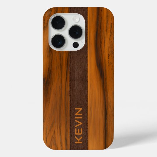 Mahoniehout en lederen textuur monogram Case-Mate iPhone case (Achterkant)