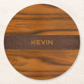 Mahoniehout en lederen textuur monogram ronde kartonnen onderzetter (Voorkant)