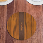 Mahoniehout en lederen textuur monogram ronde kartonnen onderzetter