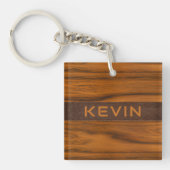 Mahoniehout en lederen textuur monogram sleutelhanger (Voorkant)