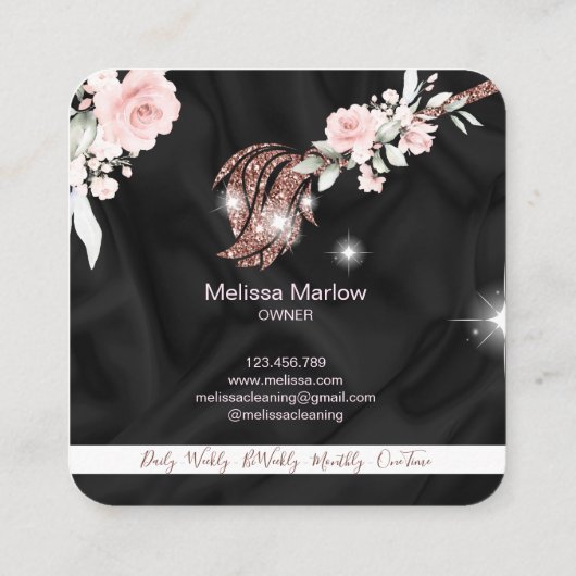 Maid Cleaning House Mousserende roos goudflorale Vierkante Visitekaartje (Achterkant)