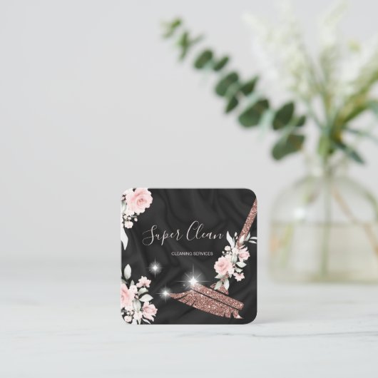 Maid Cleaning House Mousserende roos goudflorale Vierkante Visitekaartje (Staand voorkant)