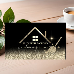 Maid Cleaning House Roof Gold Glitter Zwart Visitekaartje
