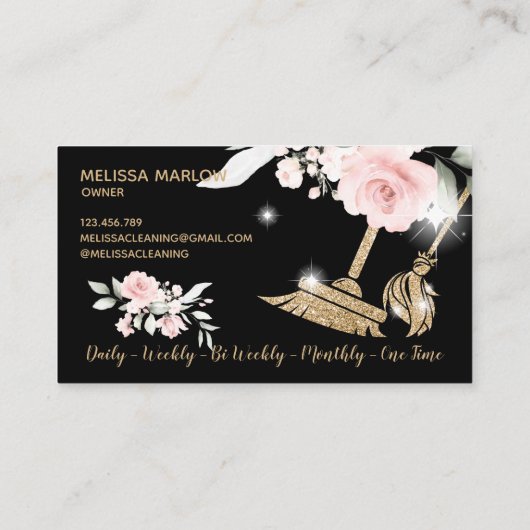 Maid Cleaning House Sparging Gold Floral Business Visitekaartje (Achterkant)