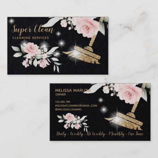 Maid Cleaning House Sparging Gold Floral Business Visitekaartje (Voorkant / Achterkant)