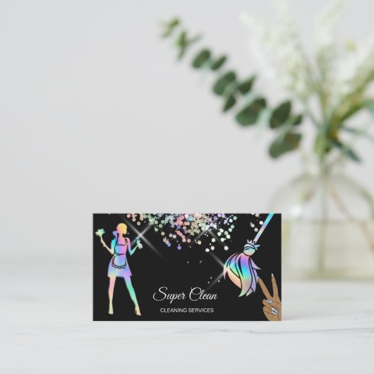 Maid Cleaning House Sparging Holografen Business C Visitekaartje (Staand voorkant)