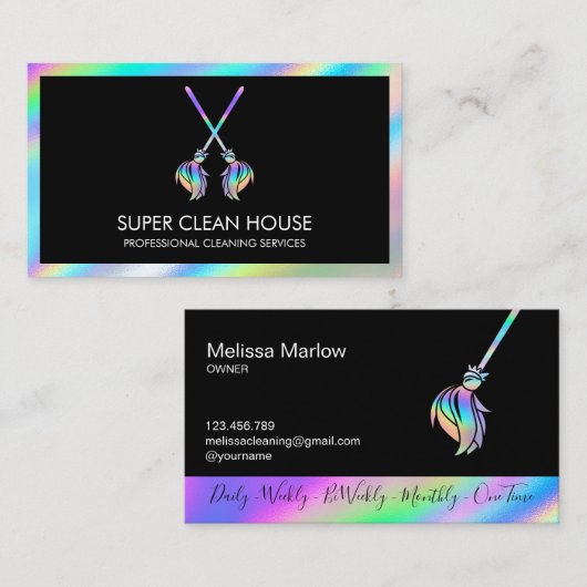 Maid Cleaning House Sparging Holografen Business C Visitekaartje (Voorkant / Achterkant)